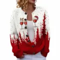 Christmas crewneck knitted cardigan featuring festive wine glass and pine tree 3D prints. - S / Tops / Red and White