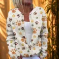 Stylish retro white knit cardigan with cute brown and yellow paw print pattern for fall - S / Tops / Cream Paw Prints (202608031)