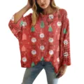 Maglione pullover in maglia all'uncinetto con stampa natalizia 3D rossa festiva - Taglia S / Top con Stampa a Tema Natalizio Rosso (XY-LK024)