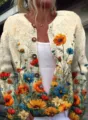 Vintage floral print round neck long sleeve cardigan sweater with wooden buttons decoration - S / Tops / Multicolor Floral on Cream (202608052)