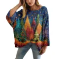 Maglione blu da donna traforato oversize con stampa 3D di paesaggio forestale dai colori vivaci - Taglia S / Top con Stampa Foresta Blu Scuro (XY-LK025)