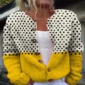 Retro long-sleeve polka dot knit cardigan featuring a yellow and white color block design - S / Tops / Yellow & White Contrast Polka Dots (202608101)