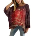 Maglione in maglia traforata rosso scuro da donna con motivo albero di Natale in 3D - Taglia S / Top Sfumato Rosso e Viola Albero di Natale (XY-LK026)