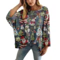 Maglione natalizio da donna traforato con stampa 3D di Babbo Natale e pupazzo di neve - Taglia S / Top con Stampa a Tema Natalizio Bianco (XY-LK027)