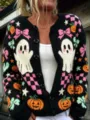 Vintage Halloween black knitted cardigan featuring cute ghost and pumpkin patterns - S / Tops / Black (202608121)