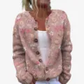 Vintage pink floral long-sleeved knit cardigan with round neck and buttons - S / Tops / Pink (202608122)