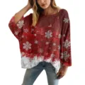 Maglione oversize traforato da donna con stampa 3D di fiocchi di neve rossi e bianchi - Taglia S / Top Sfumato Rosso e Bianco Fiocco di Neve (XY-LK028)