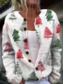 Festive women's white knit cardigan featuring vibrant red and green Christmas tree prints - S / Tops / Rice White Christmas Tree (202608151)