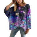 Maglione casual da donna traforato con vivace stampa galassia stellata 3D per la primavera - Taglia S / Top con Motivo a Fiocchi di Neve e Cielo Stellato / Blu Viola (XY-LK029)