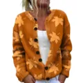 Vintage orange round neck knit cardigan with festive maple leaf print for autumn - S / Tops / Orange Maple Leaf (BYP20260720059CO)