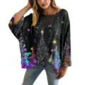 Elegante maglione traforato nero da donna con vibrante stampa 3D di scintille luminose - Taglia S / Top con Motivo Neon Colorato / Nero (XY-LK030)