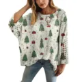 Maglione natalizio oversize da donna con stampe 3D di alberi e regali su bianco - Taglia S / Top con Motivo Albero di Natale e Regali / Bianco (XY-LK031)