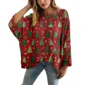 Maglione rosso traforato all'uncinetto con alberi di Natale, pullover largo per le feste. - Taglia S / Top con Motivo Albero di Natale Rosso / Rosso (XY-LK032)
