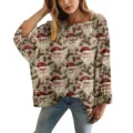 Maglia a maglia traforata da donna con stampa Babbo Natale, stile natalizio casual - Taglia S / Top con Motivo Babbo Natale / Bianco Sporco (XY-LK033)