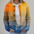 Retro round-neck cardigan with colorful gradient checkered pattern and wooden buttons - S / Tops / Vintage Gradient Plaid Print (202608271)