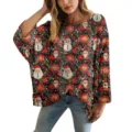 Maglione traforato all'uncinetto a maniche lunghe da donna con stampa Babbo Natale 3D - Taglia S / Top con Motivo Pupazzo di Neve e Babbo Natale / Multicolore (XY-LK034)