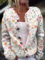 Vintage floral print long-sleeved cardigan with round neck and buttons - S / Tops / White Base Floral Print (202608291)