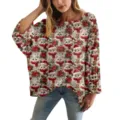Elegante maglione oversize traforato con stampa festiva di gatti e fiori in 3D - Taglia S / Top con Motivo Gatto di Natale / Bianco Sporco (XY-LK036)