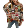 Maglione traforato oversize da donna con stampa 3D festiva di gatti e Babbo Natale. - Taglia S / Top con Motivo Gatto di Natale Divertente / Rosso e Verde (XY-LK037)