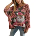 Maglione rosa traforato con stampa 3D e allegro design grafico di Babbo Natale - Taglia S / Top con Stampa Babbo Natale (XY-LK039)