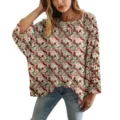 Maglione oversize traforato da donna con stampa 3D festiva di Babbo Natale a colori - Taglia S / Top con Stampa Babbo Natale e Fiori (XY-LK041)