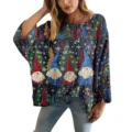 Maglione traforato blu navy con stampa gnomi 3D festiva per signora - Taglia S / Top con Stampa Gnomo e Albero (XY-LK042)