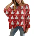Maglione rosso traforato con stampa 3D di alberi di Natale bianchi e vestibilità ampia - Taglia S / Top con Stampa Albero di Natale e Fiocco di Neve (XY-LK043)