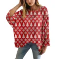 Maglione rosso traforato con stampa albero di Natale e fiocchi di neve da donna. - Taglia S / Top con Stampa Albero di Natale e Fiocco di Neve (XY-LK044)