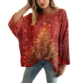 Maglione casual in crochet rosso traforato con motivo albero di Natale e stelle 3D - Taglia S / Top con Stampa Albero di Natale Dorato e Stella (XY-LK045)