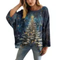 Maglione traforato blu da donna con stampa festiva di albero di Natale 3D e cielo stellato - Taglia S / Top con Stampa Albero di Natale Stellato (XY-LK046)