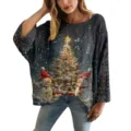 Maglione natalizio traforato da donna con stampa 3D di pupazzo di neve e albero di natale - Taglia S / Top con Stampa Albero di Natale e Pupazzo di Neve (XY-LK047)