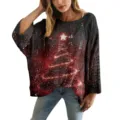 Pullover da donna in maglia traforata con stampa festiva di albero di Natale 3D - Taglia S / Top con Stampa Albero di Natale Luminoso (XY-LK048)