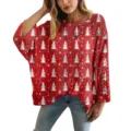 Maglia traforata rossa da donna con stampa 3D a tema natalizio alberi e fiocchi di neve - Taglia S / Top con Stampa Albero di Natale (XY-LK050)