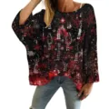 Elegante maglione da donna traforato con stampa a fiocchi di neve in nero e rosso vivace - Taglia S / Top / Motivo a fiocco di neve nero (XY-LK51)