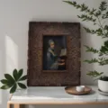 Vintage embossed wooden picture frame with classical oil painting for elegant home decor - Wood Color Square (Inner 6.5x9cm) / Outer 11.5x14cm