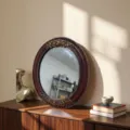 Vintage European style round decorative mirror with elegant gold floral relief frame. - Tabletop Decorative Mirror / Mirror: OD 25x30cm, ID 19.5x23.5cm
