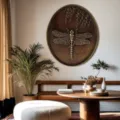 Antique style bronze dragonfly relief wall plaque displayed in an elegant living room - Vintage Gold Dragonfly / 20x25x1cm