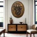 Bronze European vintage relief wall hanging featuring a cowboy highland cow head sculpture - Vintage Gold Highland Cow / 20x25x1cm