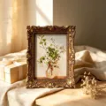 Prunkvoller antiker Fotorahmen im Barockstil in Goldbronze mit Blumenkunstdruck - Vintage Geprägter Stil / Innen 12x17cm Außen 18x23cm