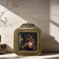 Detailed view of a vintage European gold photo frame with ornate floral carving. - Square Rounded Corner Style (JY-93) / Inner 7*7 Outer 10*12CM