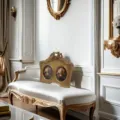 Ornate French vintage golden double photo frame displayed on white classical bench seat - Double Oval Frame / OD 20x19cm