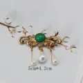 Vintage gold-tone brooch with oval green stone and hanging pearls, size 5cm by 4.2cm. - Baroque Scroll Pattern Imitation Agate Style (BK04)