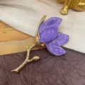 Close-up macro detail of a vintage tulip brooch featuring purple marble enamel petals - Tulip Shape (B7-2-6519) / Purple