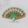 Detailed macro view of a vintage green enamel fan brooch with pearls, 3.4cm x 5.8cm - Vintage Fan Shaped Emerald Glaze Style (BK02)