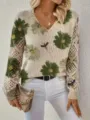 Detailed shot of a boho floral knit sweater with V-neckline and stylish hollow mesh sleeves - S / Top - Green Daisy Print (VT4) / Off White