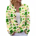 Festive St. Patrick's Day women's knit cardigan with clover and leprechaun hat print - Creamy White Festive Print (LXK-SPYK16)
