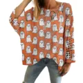 Casual oversized orange hollow out knit sweater featuring festive white ghost pattern print - S / Tops / Orange Ghost Pattern (LXK-TTLK3-5)