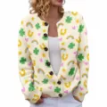 St. Patrick's Day festive white knit cardigan with shamrock, rainbow and horseshoe prints - Cream Festive Print (LXK-SPYK17)