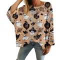Oversized orange Halloween hollow knit sweater with ghost and pumpkin 3D print design - S / Tops / Peach Orange Halloween Pattern (LXK-TTLK4-1)