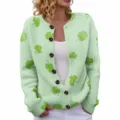 Women's light green knit cardigan featuring festive shamrock patterns for Saint Patrick's Day - Light Green Clover (LXK-SPYK18)